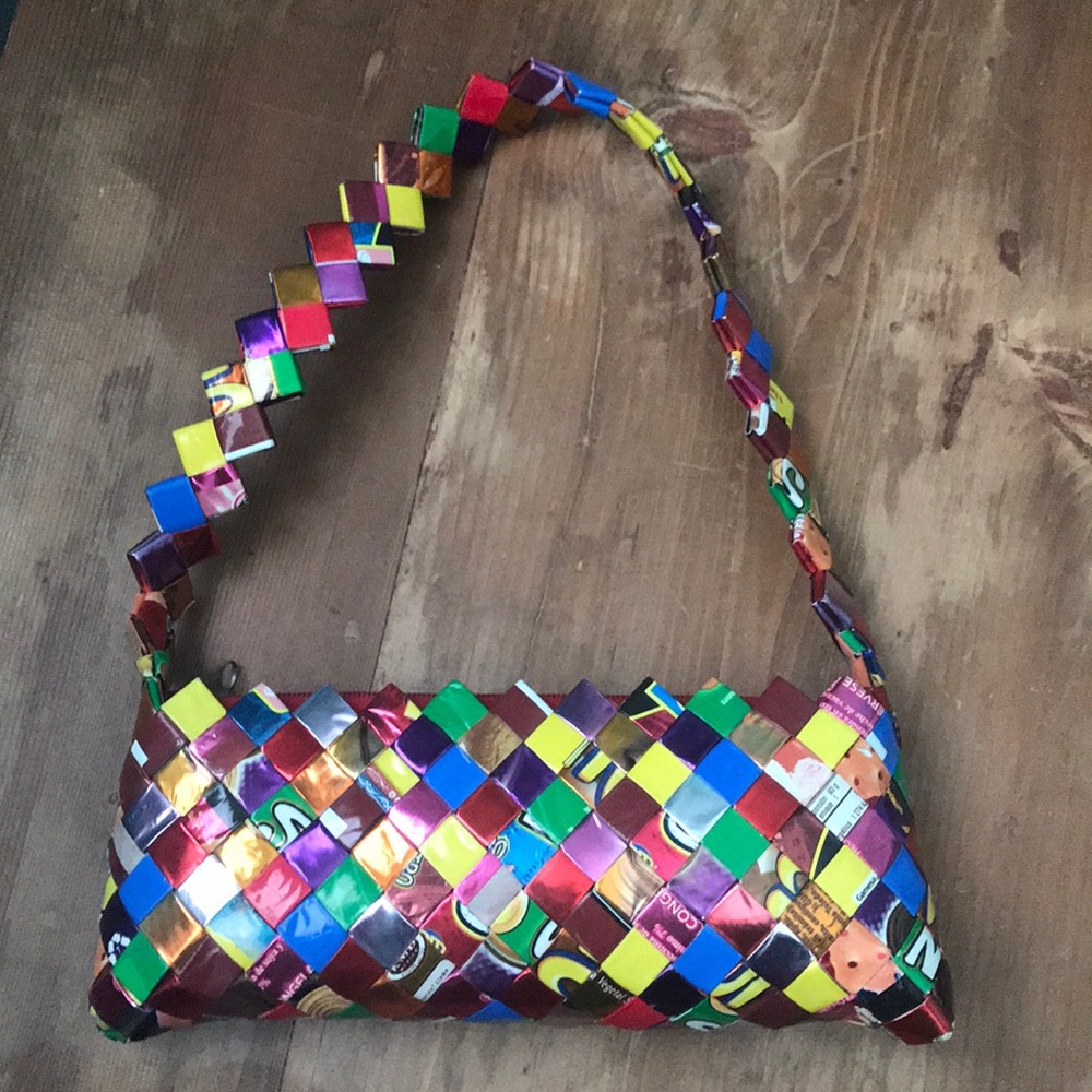 Small, hand crafted, rainbow, origami bag